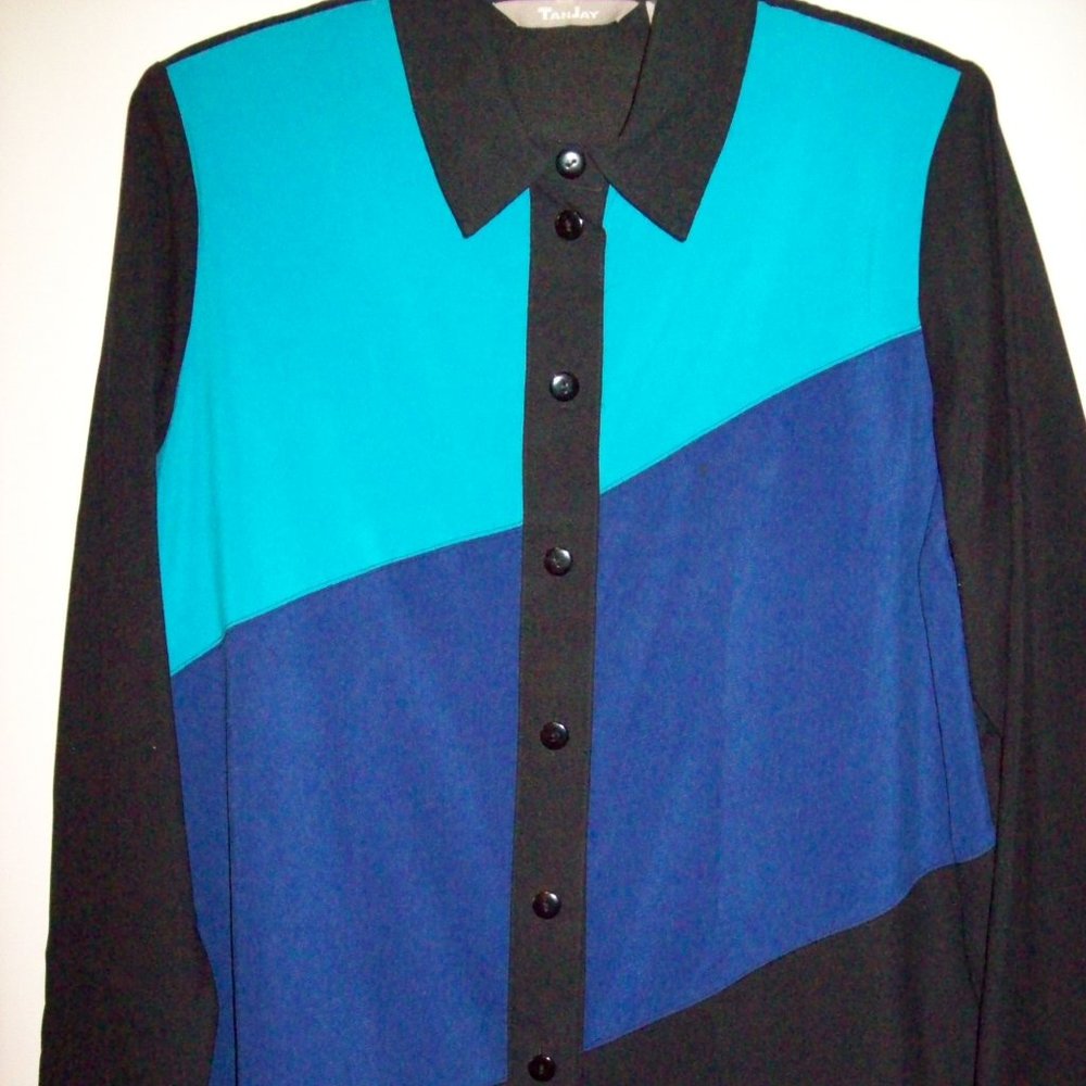 TanJay Blue and Black Colorblock Ladies Blouse Size 10